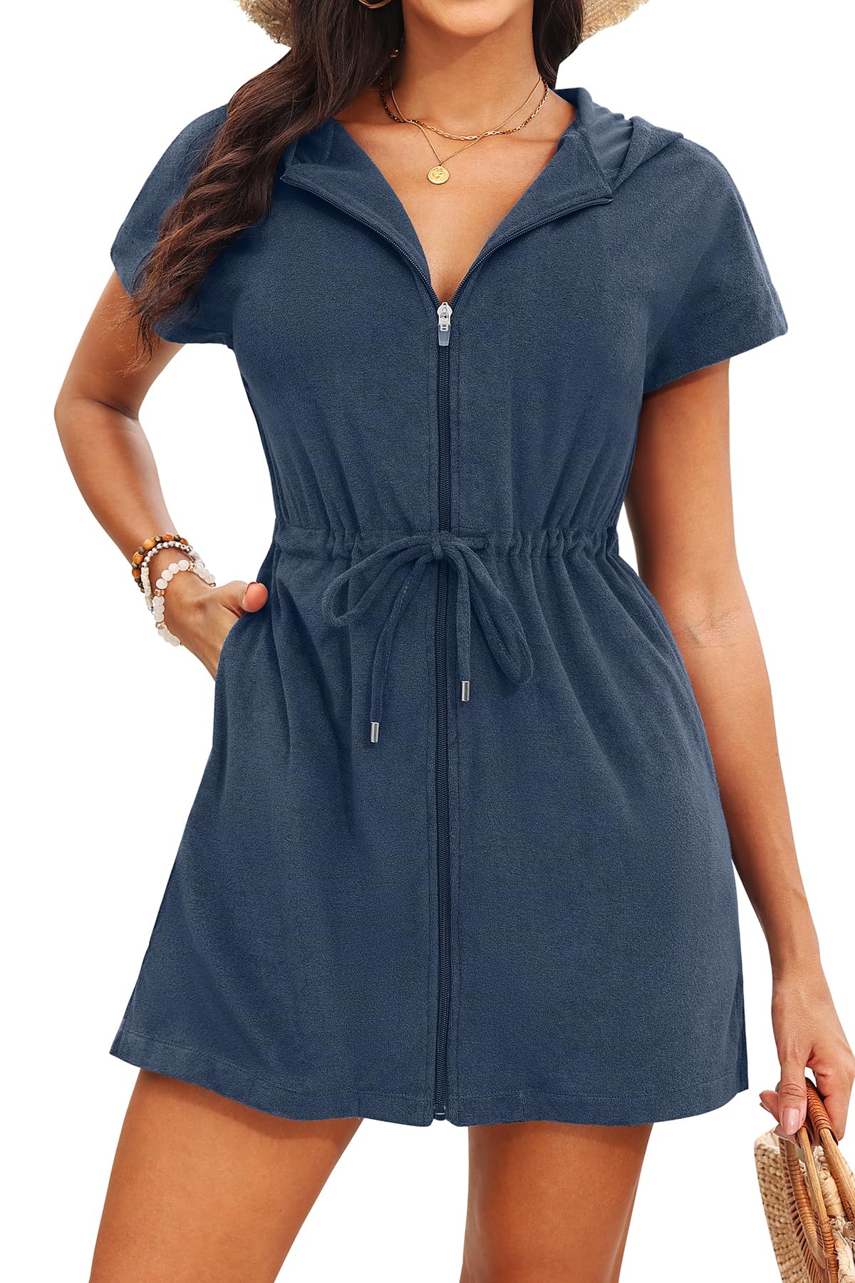 Terry Cloth Cover Ups - Hooded Cotton Swim Sun Cover-up with Zipper Pockets Beac