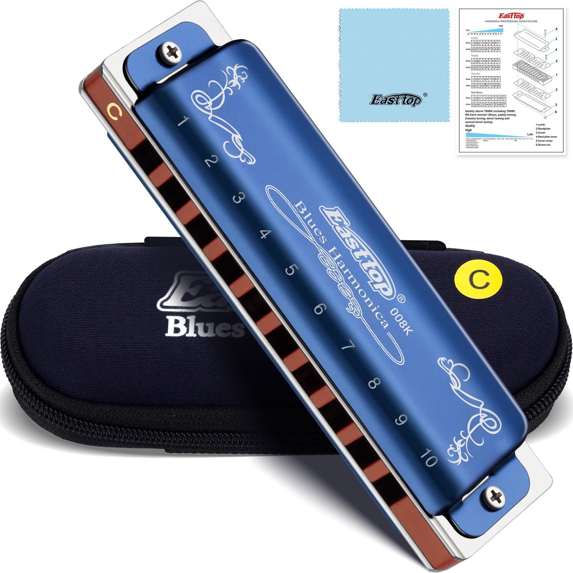 East Top Harmonica in C,10 Holes Mouth Organ Diatonic Harmonica C Key with Blue 