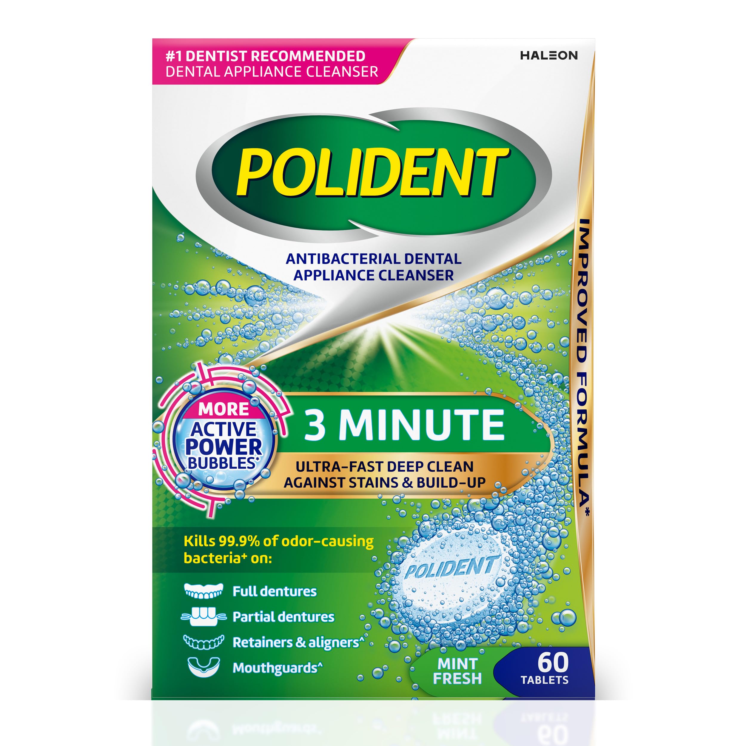 Polident 3 Minute Antibacterial Retainer Cleaner Tablets, 60 Count | Kills 99.9%