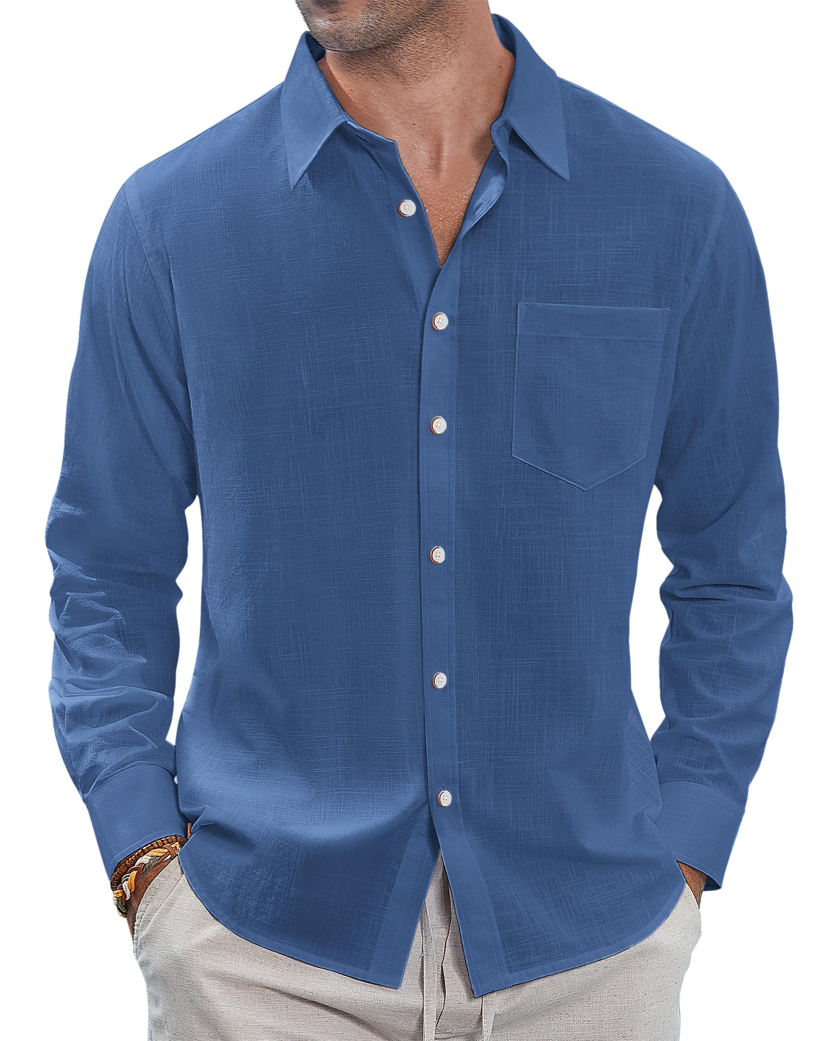 J.VER Men's Linen Shirts Casual Button Down Long Sleeve Shirt Solid Spread Colla