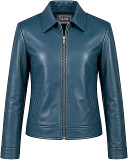 Jild Polo Collar Womens Leather Jacket - Old School Classic Everyday Wear Premium Lambskin Leather Jacket Women, Blue, Large
