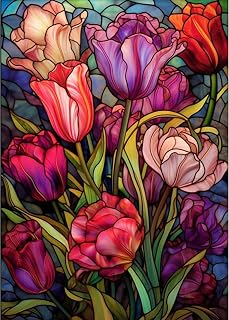 Tulips Diamond Art Painting Kits for Adults - Stained Glass Flower Round Full Drill Diamond Dots Paintings for Beginners, 5D Paint with Diamonds Pictures Gem Art Painting Kits DIY Crafts Project