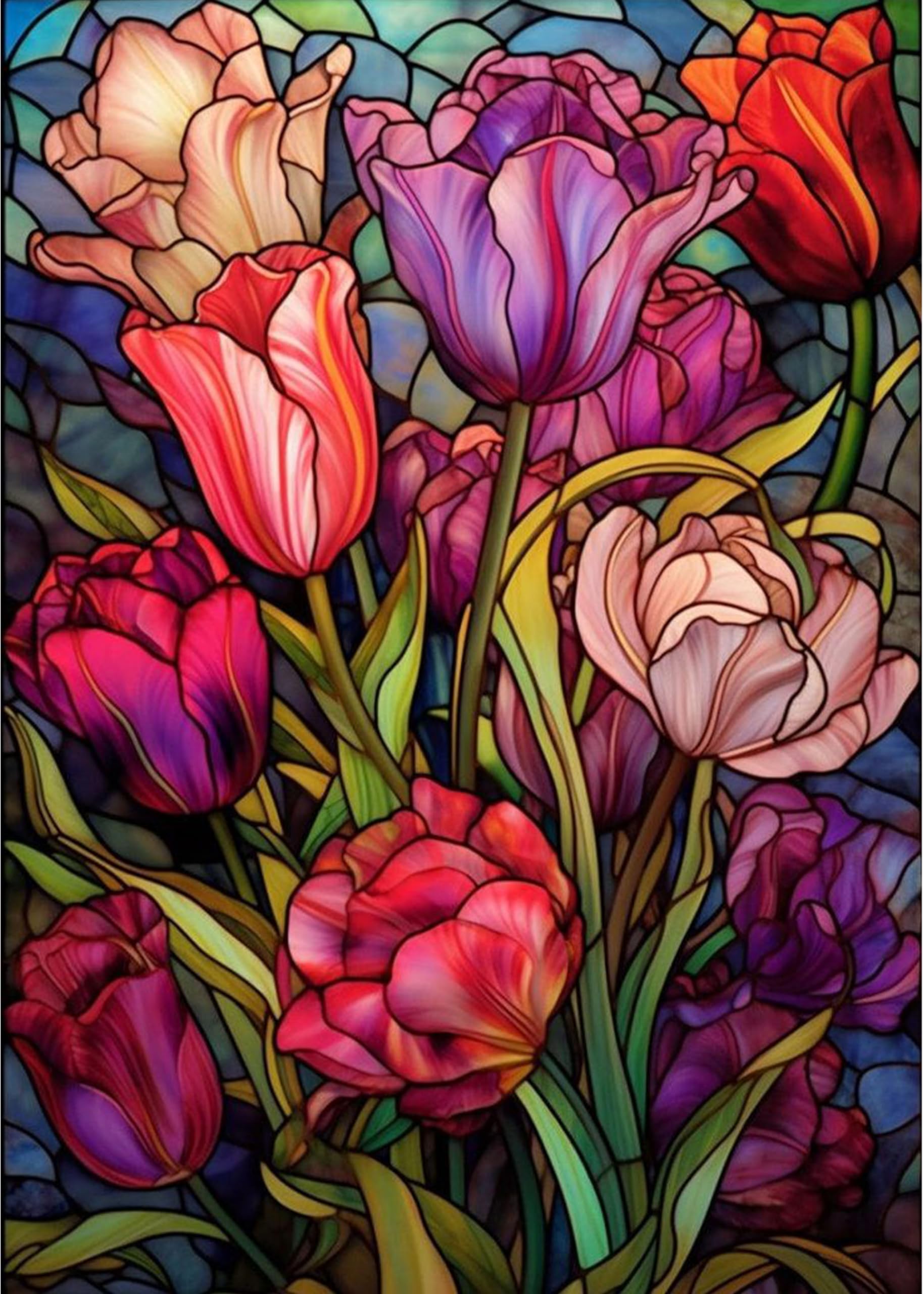 Tulips Diamond Art Painting Kits for Adults - Stained Glass Flower Round Full Dr