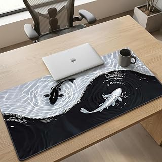Tai Chi Koi Patterned Gaming Mouse Pad, Non-Slip Rubber Base, Precision Stitched Edges, Waterproof, Rectangular, Suitable for Office and Gaming