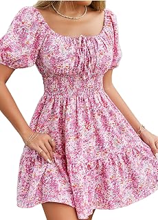 Floerns Women's Boho Square Neck Puff Short Sleeve Self Tie Front A Line Dress