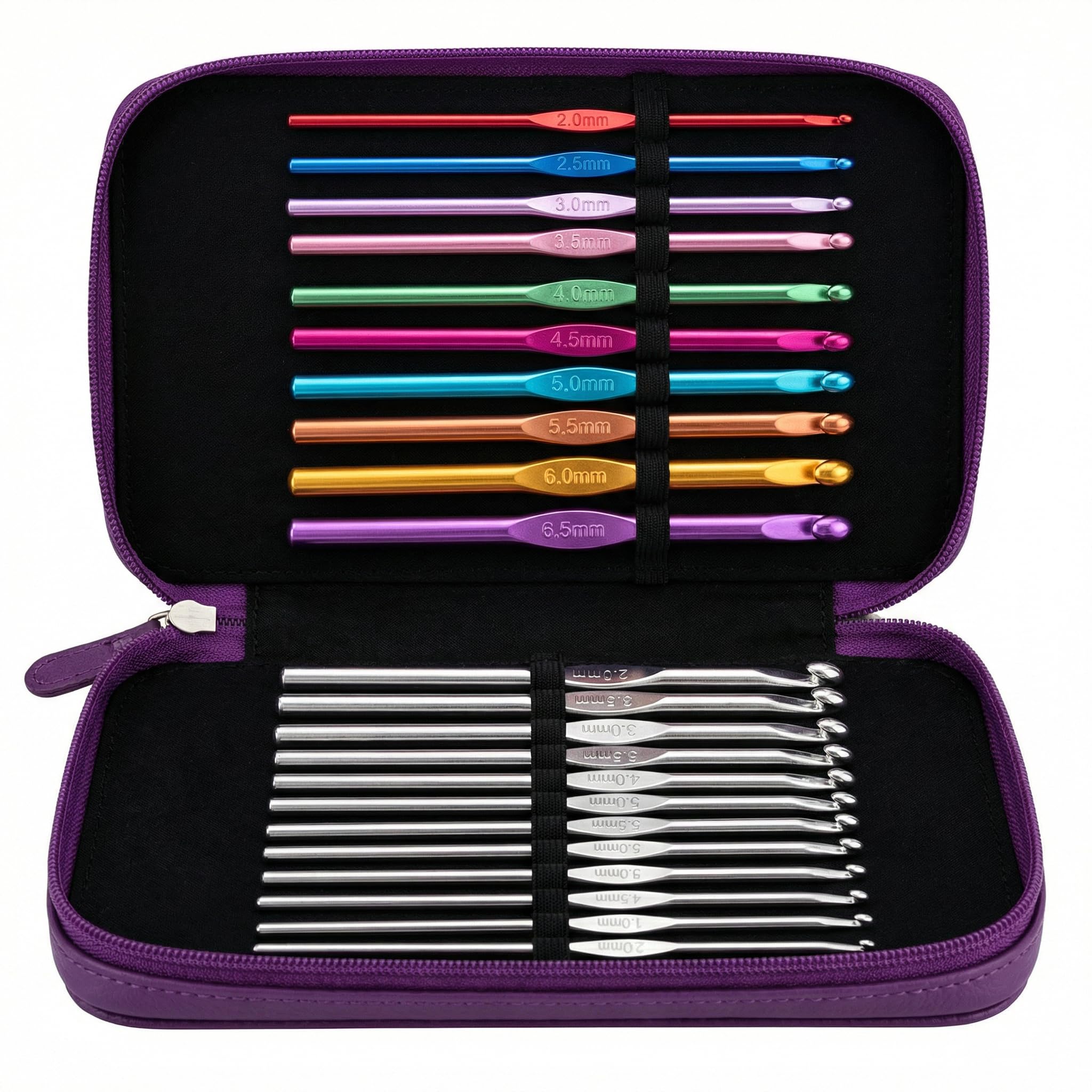 Crochet Hooks Set, Purple Tone Knitting Tools with Zipper Case, Assorted Aluminu