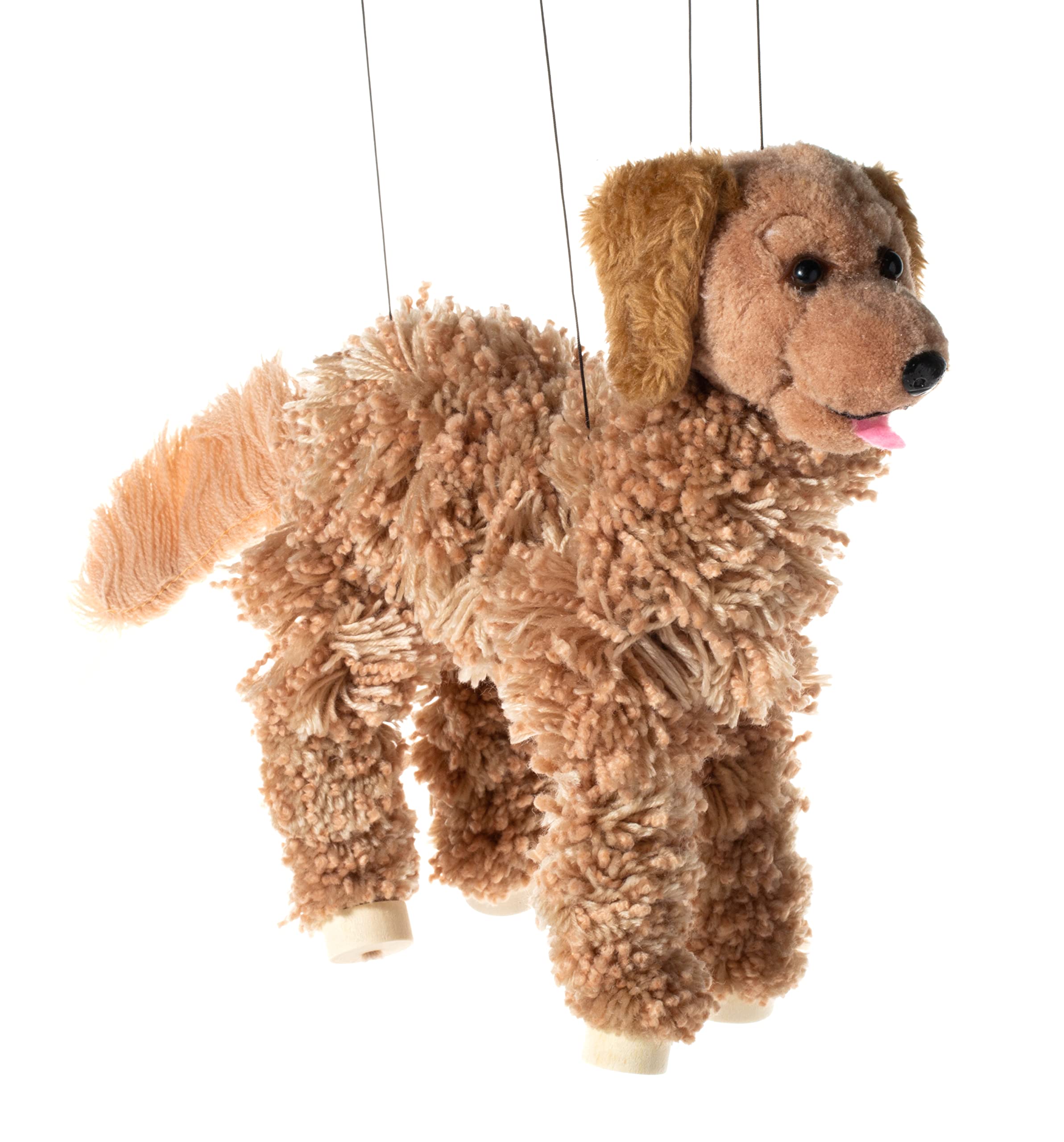 Artisan Owl Golden Retriever Marionette Puppet - Yarn Dog with Wooden Feet, Deta