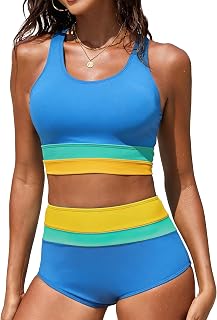 Women's High Waisted Bikini Set Two-Piece Swimsuit Color Block Sports Athletic Moderate Cover Swimwear