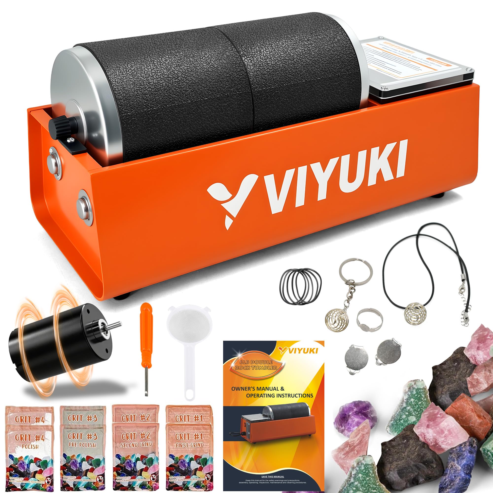 VIYUKI Professional Rock Tumbler Kit -6LB Rock Polisher(Double Barrel) | Include