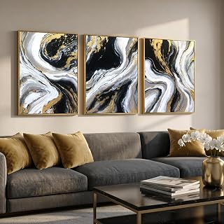 3D Textured Black and Gold Abstract Wall Art for Living Room, Hand Painted Set of 3 Piece Oil Painting , Large Framed Canvas Wall Art with Luxury Marble Effect, Modern Wall Decor for Bedroom Office 16×24 In Ready to Hang