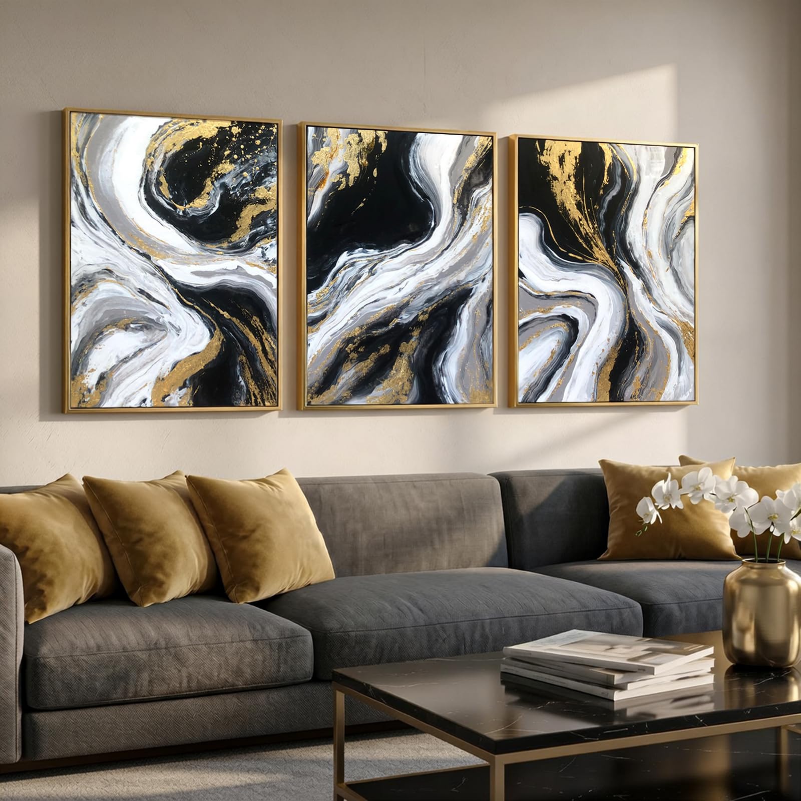 3D Textured Black and Gold Abstract Wall Art for Living Room, Hand Painted Set o