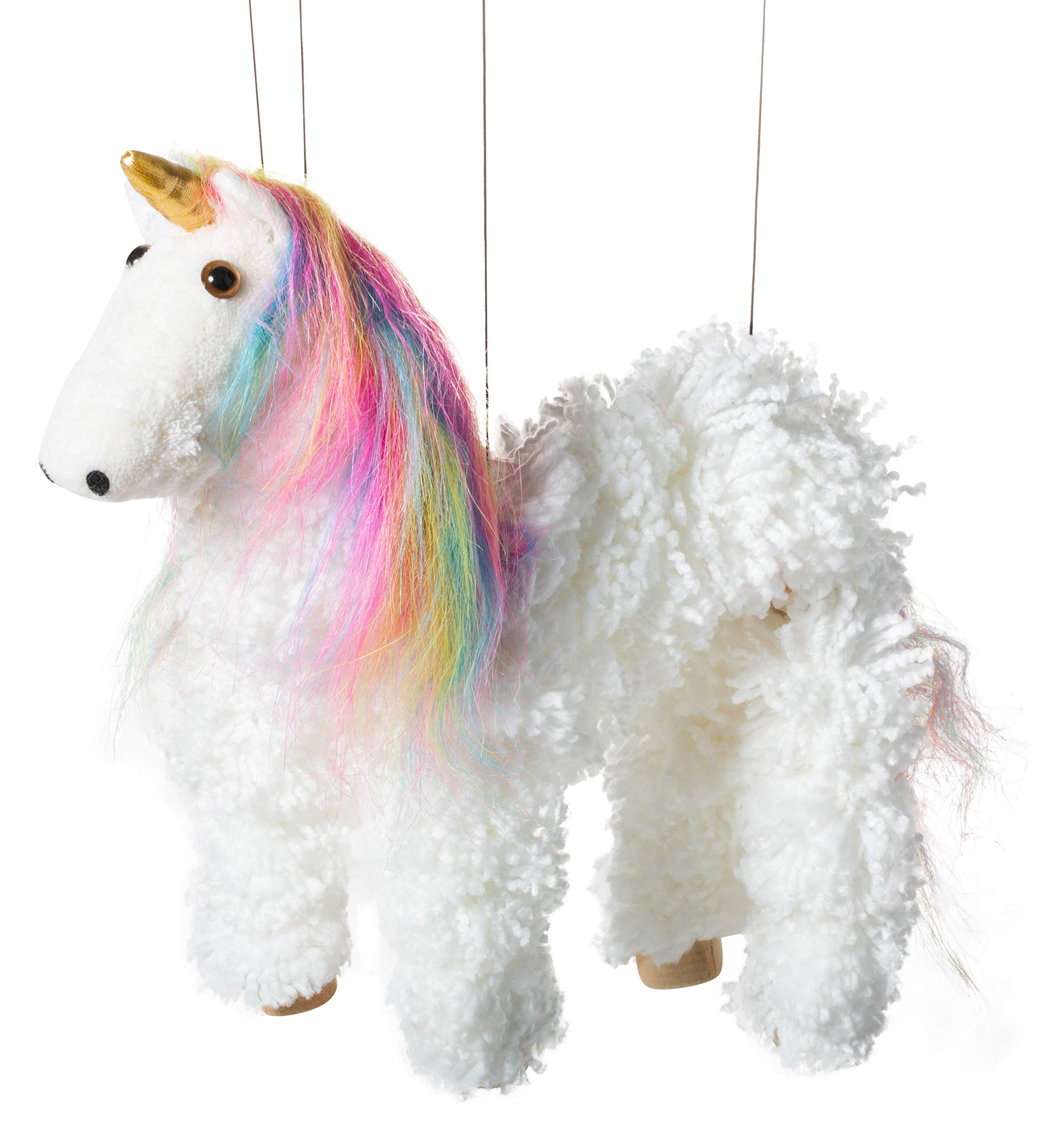Artisan Owl Rainbow Mane Magical Unicorn Marionette Puppet - Wooden Feet and Det