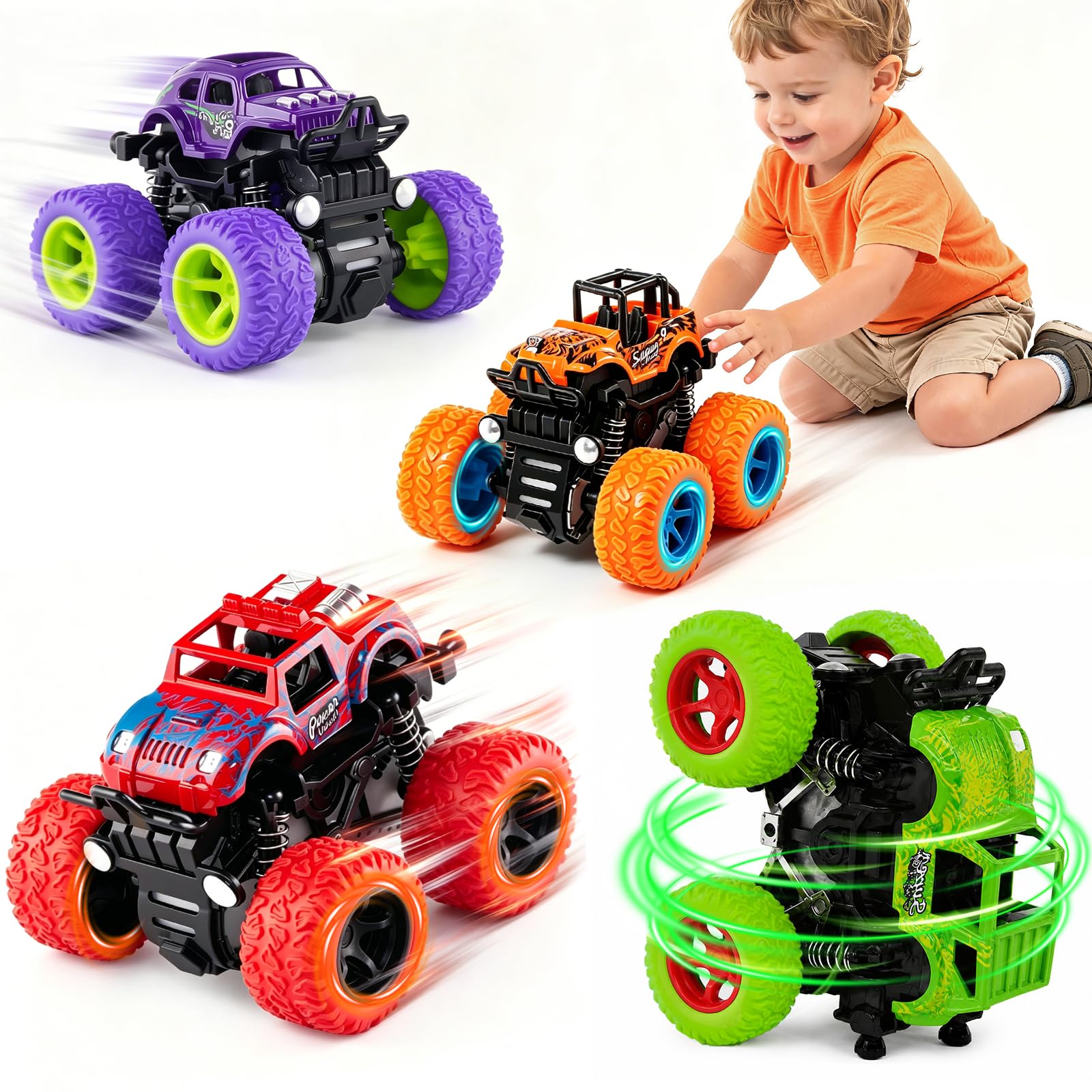 ANAOER 4 Pack Monster Trucks Toys for Boys 2 3 4 5 6 7 Year Old, Friction Powere