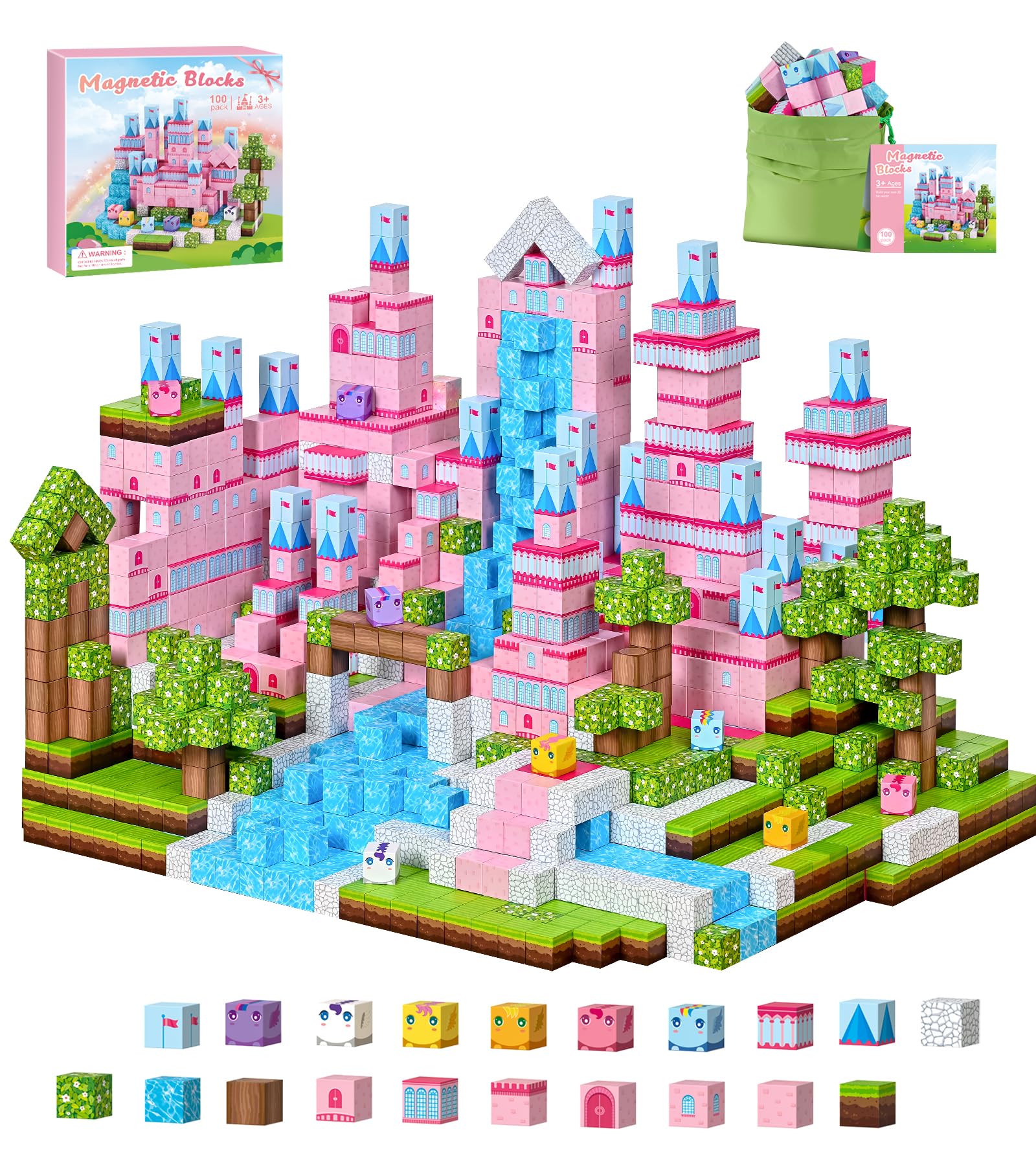PINKCAT 100PCS Magnetic Blocks, Kids Building Pink Fantasy Castle Cubes, Stackin