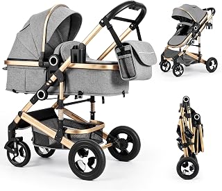 TODECARE 2-in-1 Foldable Stroller for Newborn w/Reversible Seat, Golden | Adjustable Canopy, Storage Basket, Cup Holder, Foot Cover, Net, Suspension Wheels, Baby Infant Pram Carriage for 0-36 Months
