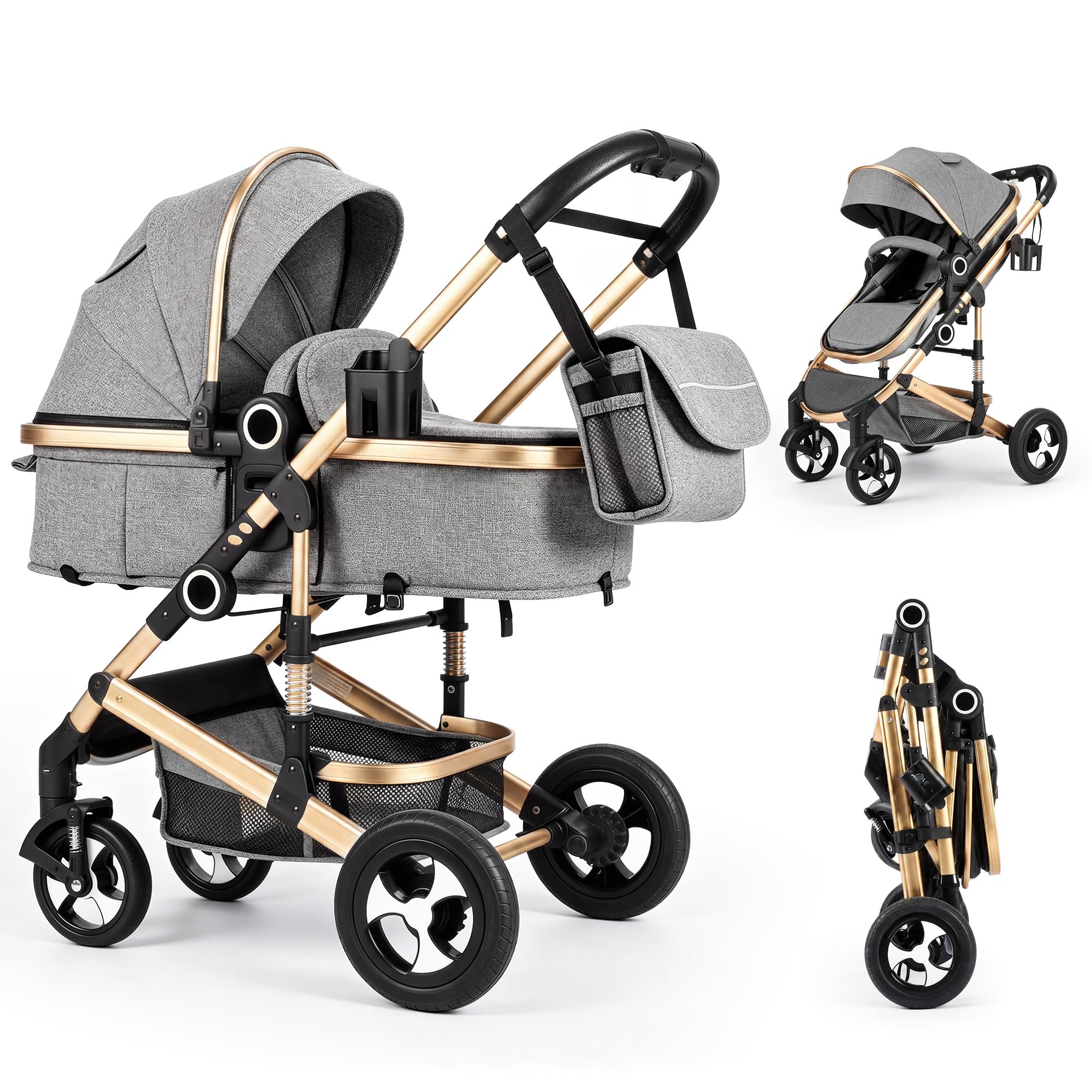 TODECARE 2-in-1 Foldable Stroller for Newborn w/Reversible Seat, Golden | Adjust
