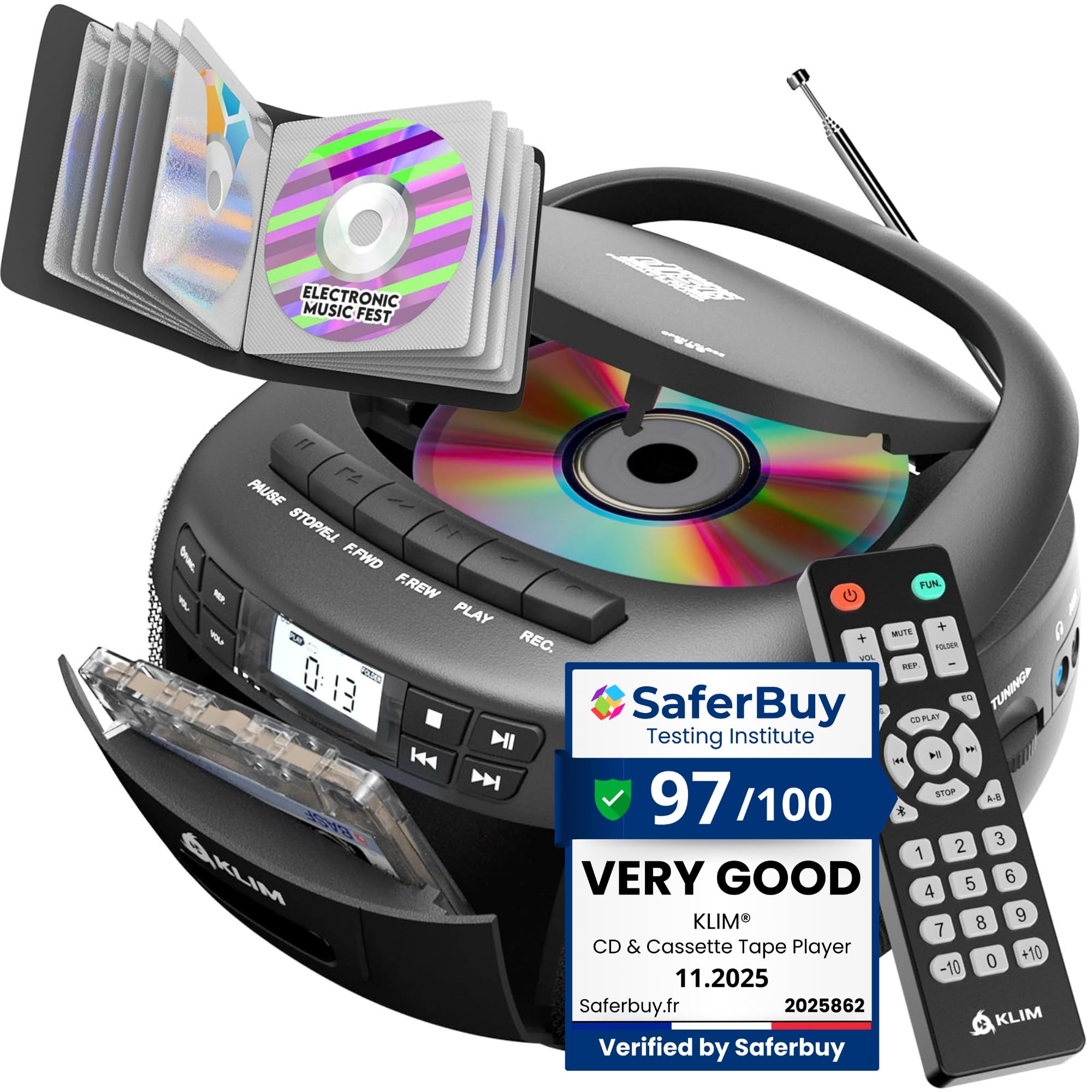 CD Cassette Player with Case, Bluetooth Boombox, AM FM Radio, USB Drive | 3W Ste