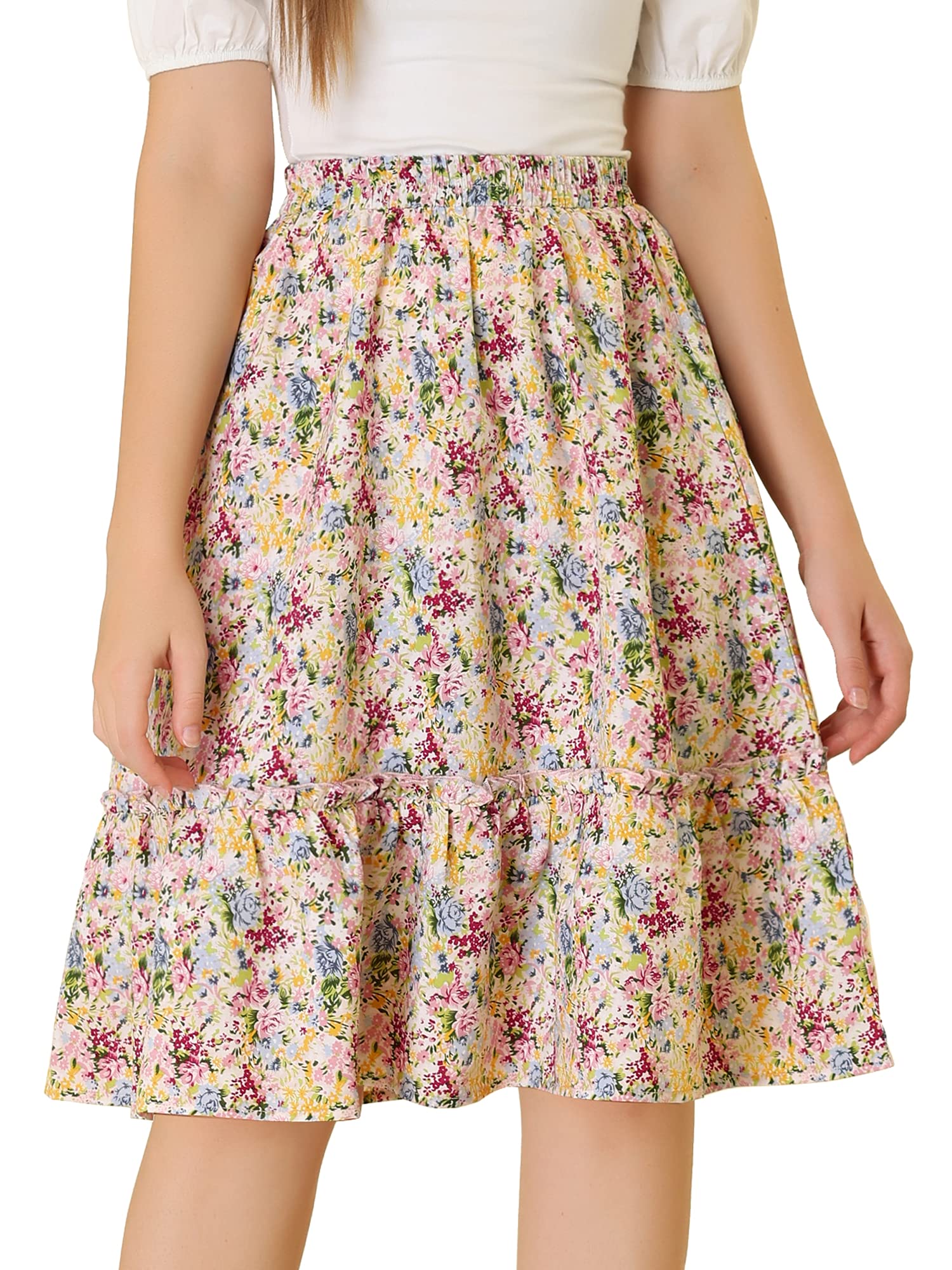 Allegra K Women's Knee Length Skirt Floral Elastic Waist Flowy Tiered A-Line Ruf