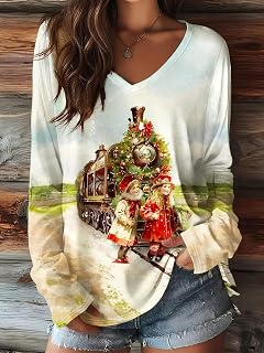 Women's V Neck Long Sleeve T Shirt Casual Fashion Daily Wear Graphic Tee Shirt
