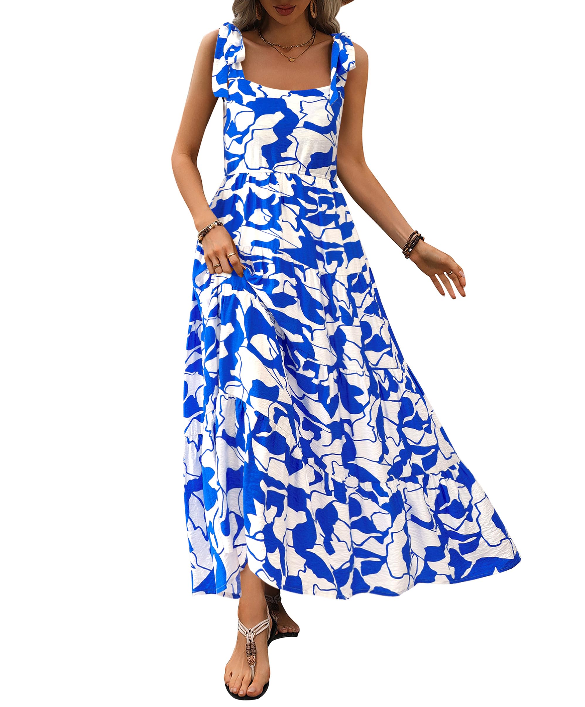 Prettygarden, Women's Sleeveless Summer Spaghetti Strap Tiered Floral Maxi Dress