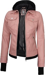fjackets Genuine Leather Jacket Women - Real Lambskin Hooded Moto Jacket with Removable Hood