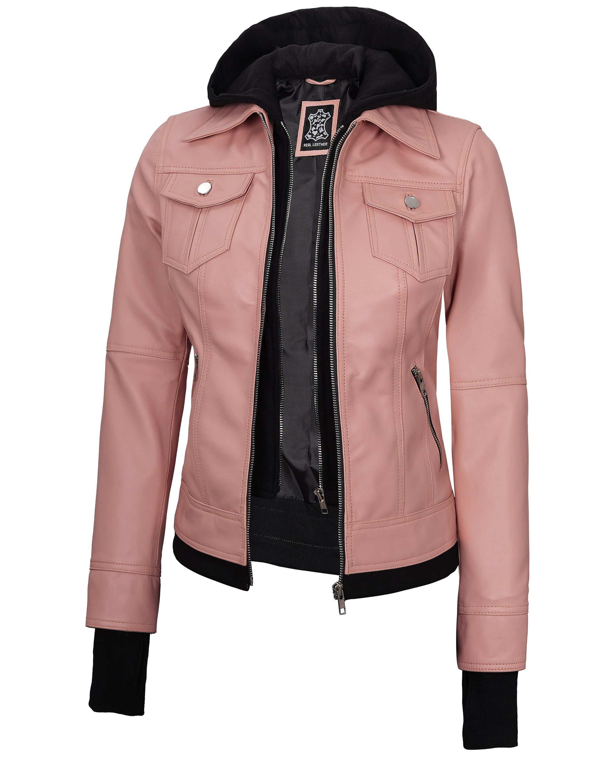 fjackets Genuine Leather Jacket Women - Real Lambskin Hooded Moto Jacket with Re