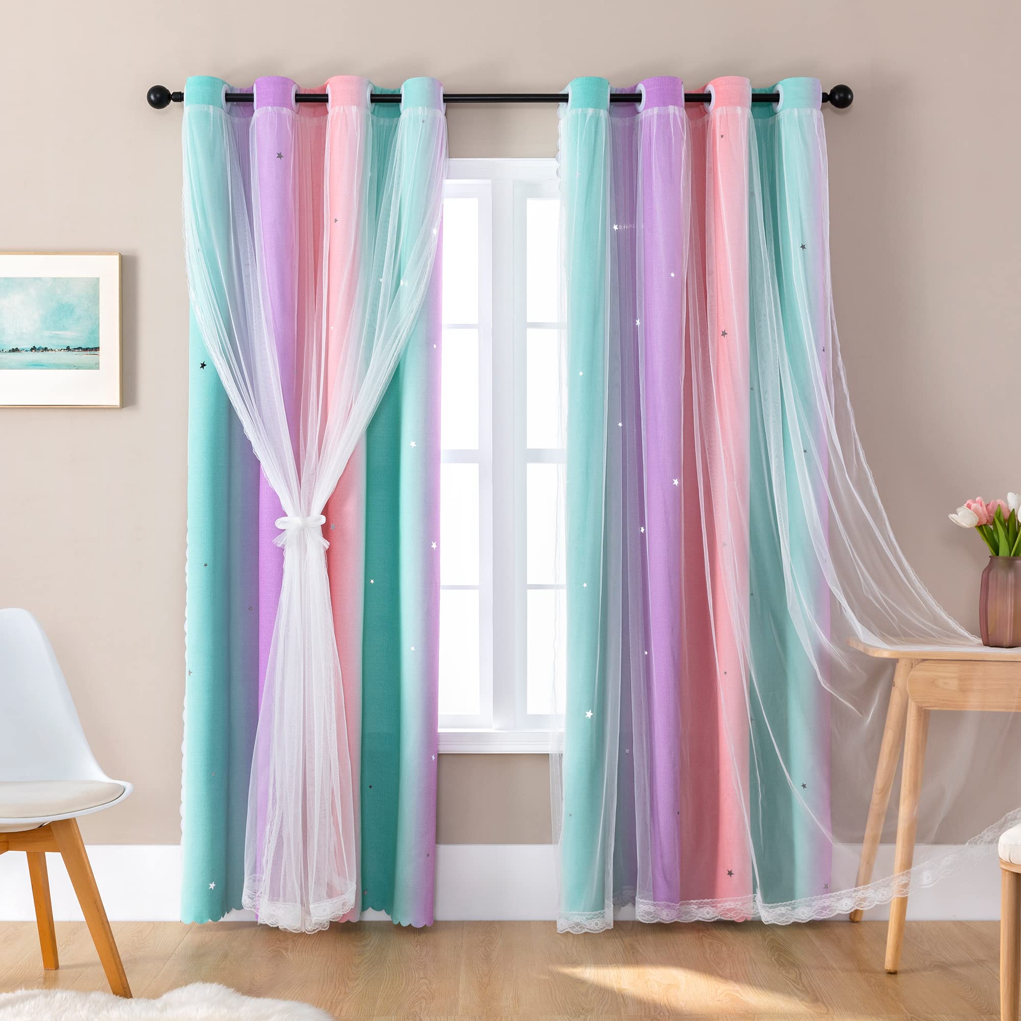 XiDi Curtains for Girls Bedroom Decor, Rainbow Blackout Curtains for Kids/Little