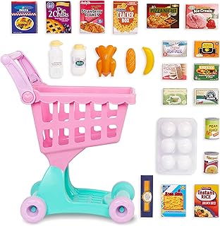 Battat Play Circle Shopping Day Grocery Cart with Accessories - Pink | 30-piece pink kids with play food, adjustable handle, easy-roll wheels, 14.75 x 10.5 x 19.75 in, Pretend Play, 2+ Years