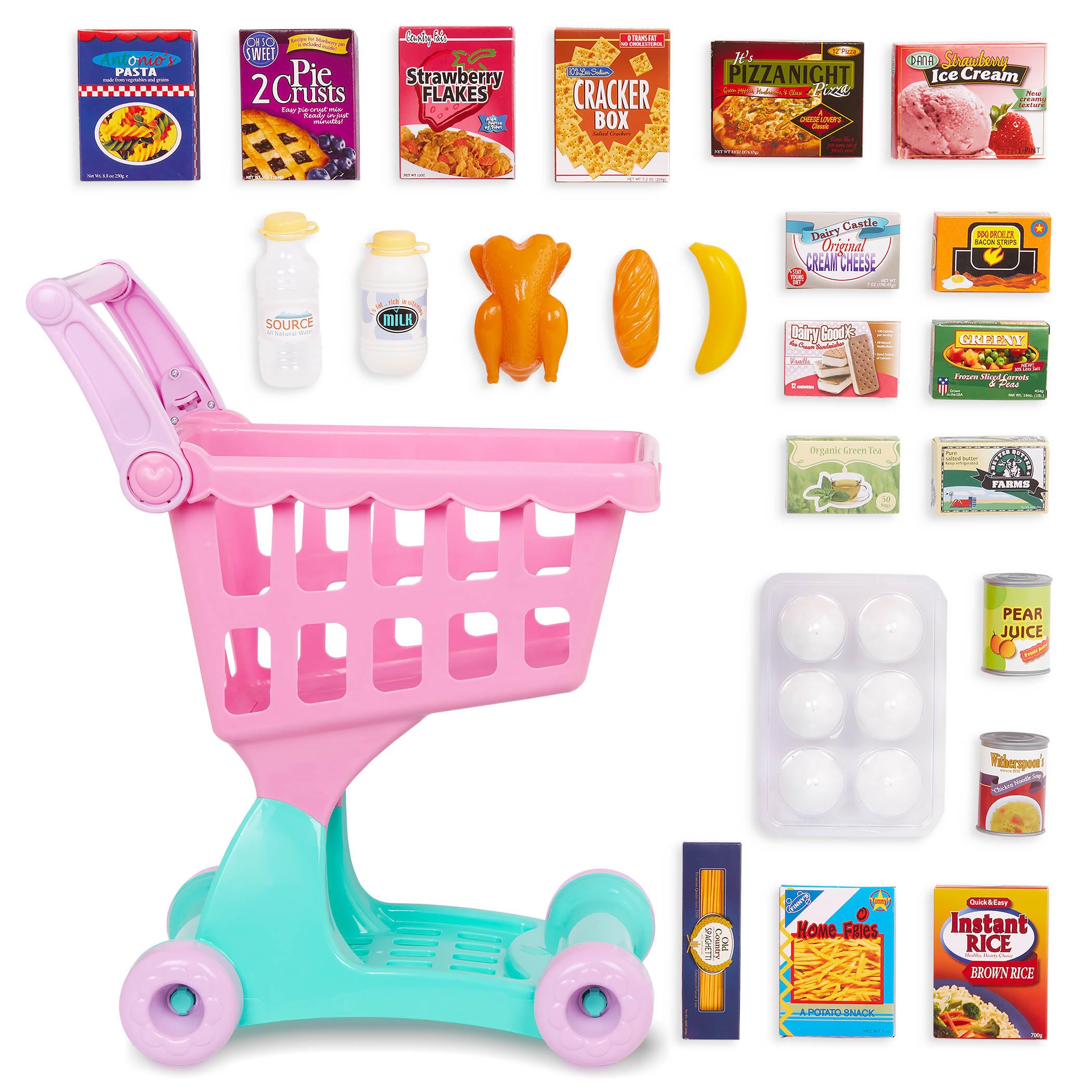 Battat Play Circle Shopping Day Grocery Cart with Accessories - Pink | 30-piece 