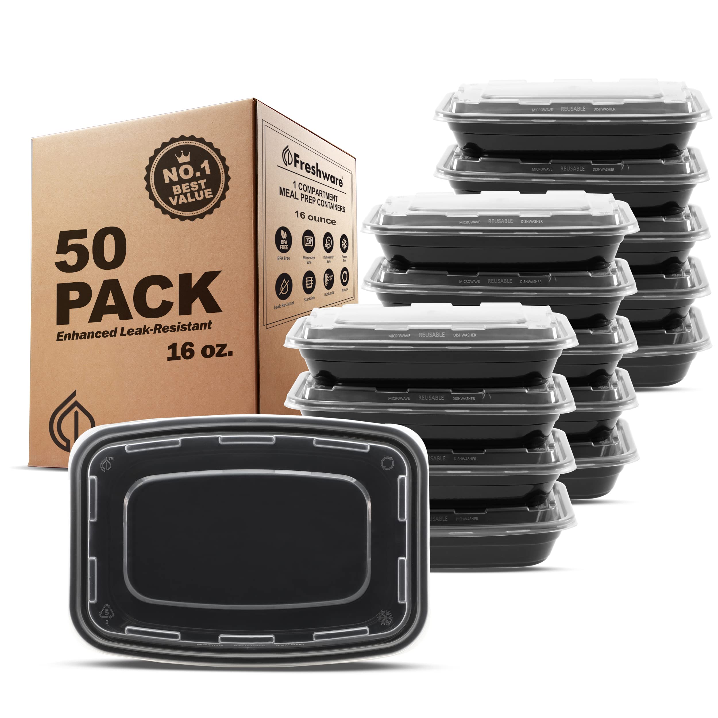 Freshware Meal Prep Containers [50 Pack] 16 oz Food Containers with Lids | Reusa