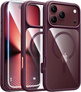 FNTCASE Magnetic for iPhone 18 Pro Case / 17 Pro Case, Clear Burgundy | Fit for Magsafe, with Screen Protector, Military Grade Drop Protection Cover, Slim Phone Cases, Shockproof Bumper