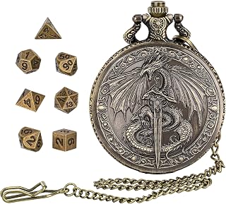 DragonSword D&D Dice Set with Pocket Watch Case, 7PCS Metal Dice Set for Dungeons and Dragons, Mini Dice Set with Pocket Watch Case, Role Playing Board Games Accessories (Gold)