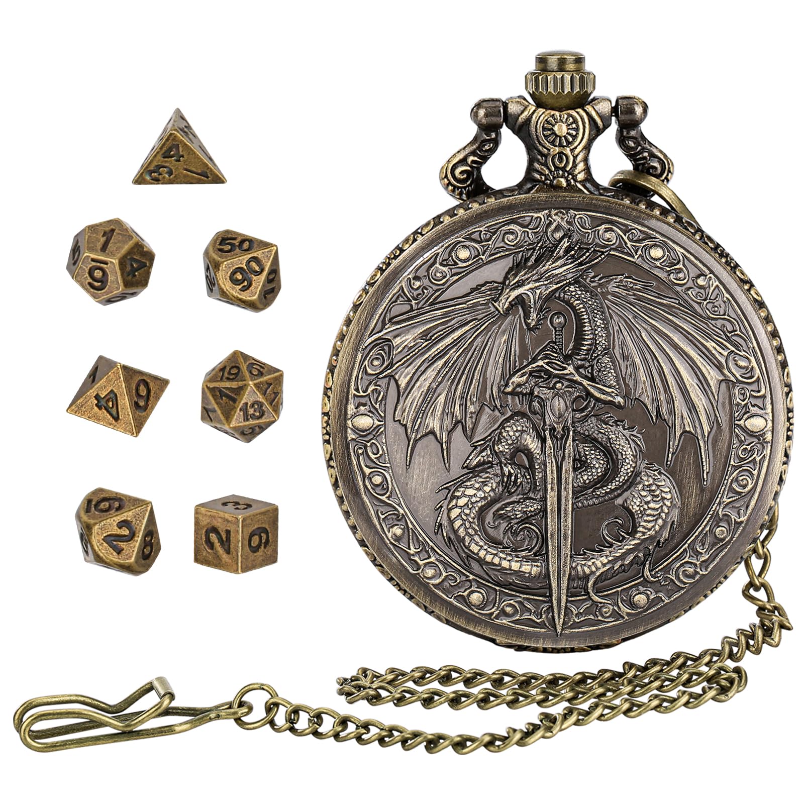 DragonSword D&D Dice Set with Pocket Watch Case, 7PCS Metal Dice Set for Dungeon