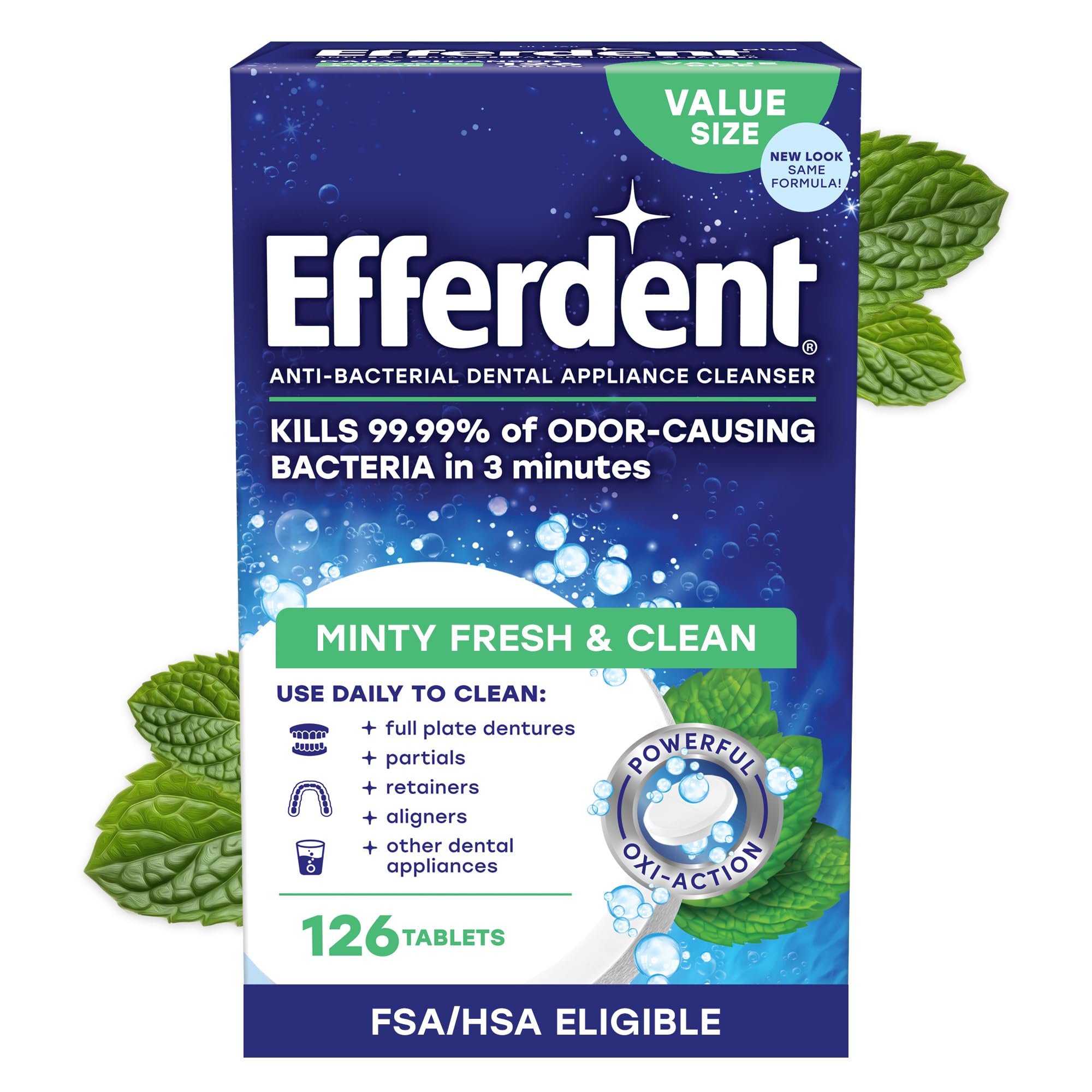 Efferdent Denture Cleaner Tablets, Minty Fresh & Clean, 126 Count | Retainer Cle