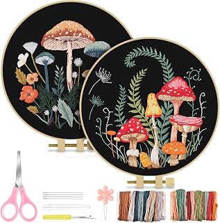TINDTOP 2 Sets Embroidery Kit for Adult, Embroidery Kit for Beginners Include Embroidery Cloth Hoops Threads for Craft Lover Hand Stitch with Embroidery Skill Techniques (Mushroom)