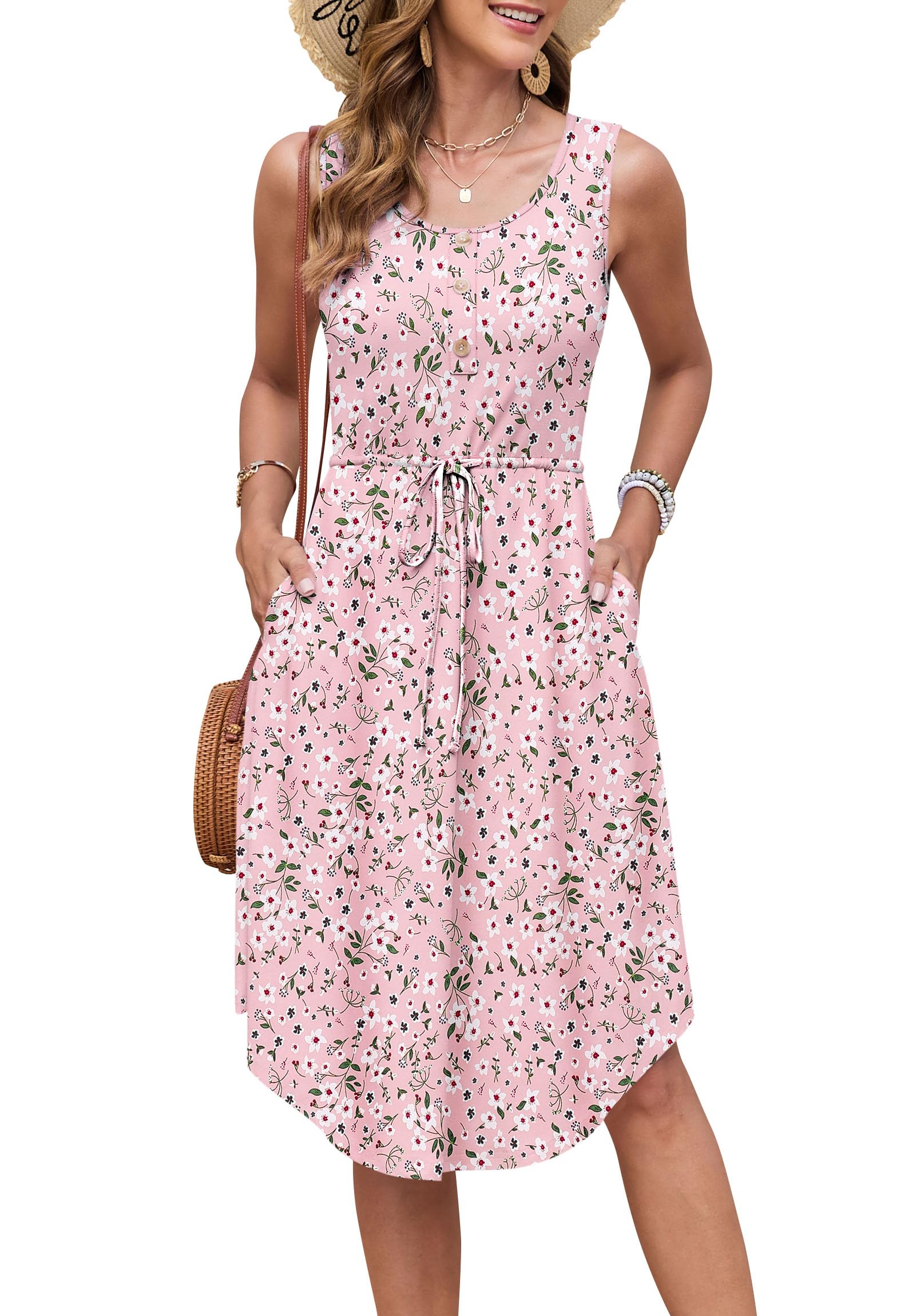AUSELILY Summer Dresses Women Sleeveless Beach Dress with Drawstring