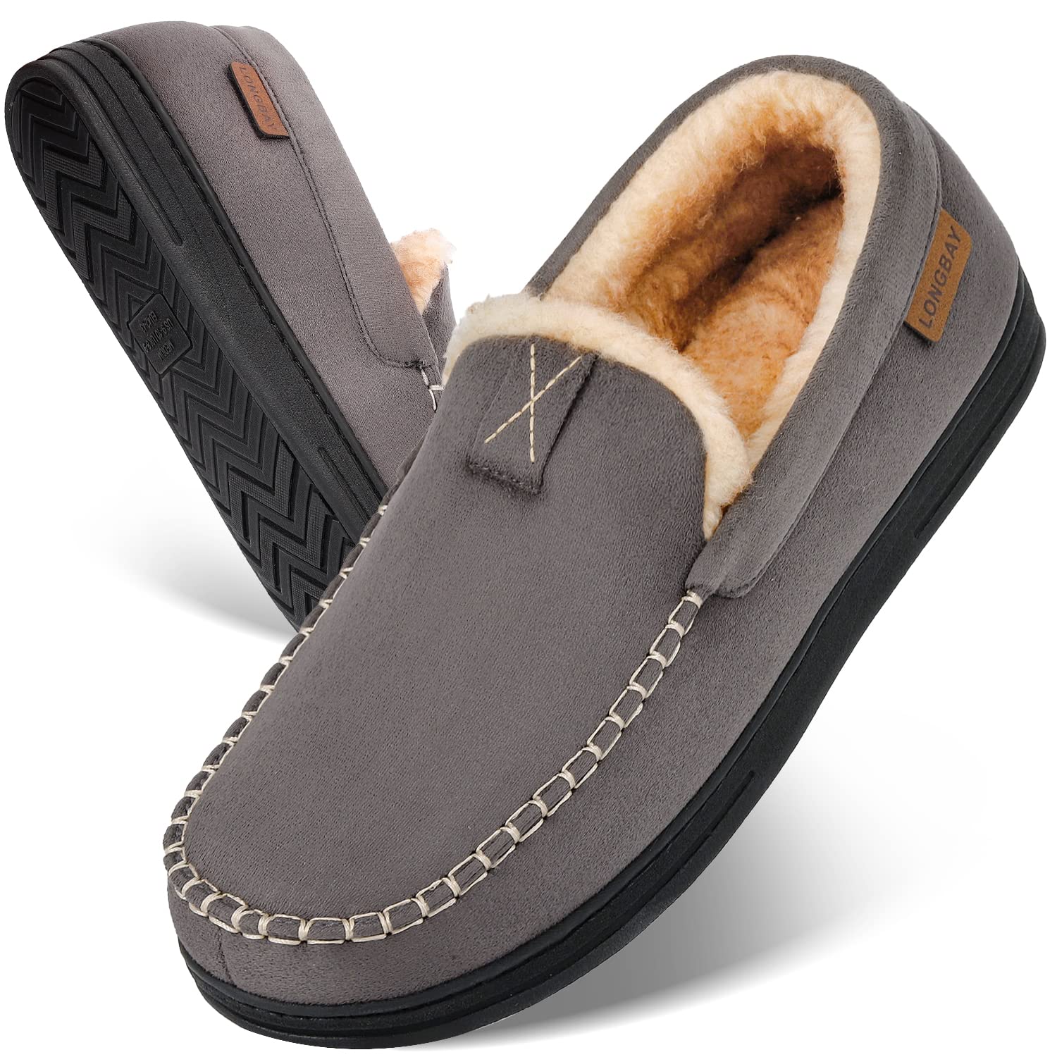 LongBay Mens Moccasin Slippers Memory Foam Warm House Shoes Indoor Outdoor