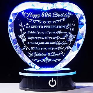 YWHL 80th Birthday Gifts for Women Men Born in 1943, Crystal Heart with Colorful Light Base Happy 80th Birthday Decorations, Birthday Gifts for 80 Year Old Women Men Mom Dad Grandma Wife Friends