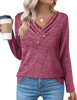 Zeagoo Women's Long Sleeve Sweater V-Neck Buttons T-Shirt Autumn Winter Pullover Solid Color T-Shirt Tops S-XXL
