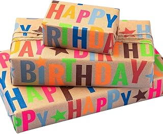 BIOBROWN Kraft Birthday Wrapping Paper Colorful Text Happy Birthday Design | 17 inch X 33 feet, Gridlines Design, Recycled, Holiday