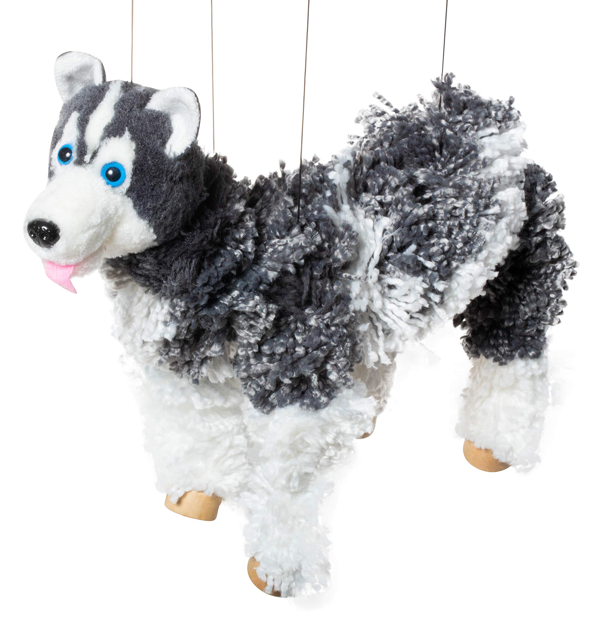 Artisan Owl Siberian Husky Marionette Puppet - Yarn Dog with Wooden Feet, Detach
