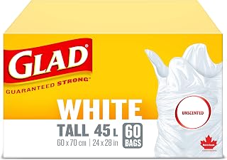 Glad White Garbage Bags - Tall 45 Litres - Unscented, 60 Trash Bags, Made in Canada of Global Components