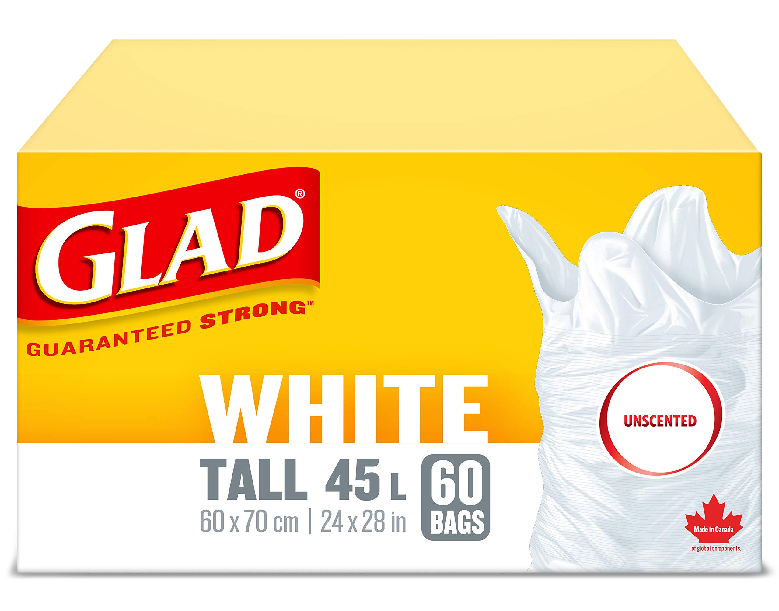 Glad White Garbage Bags - Tall 45 Litres - Unscented, 60 Trash Bags, Made in Can