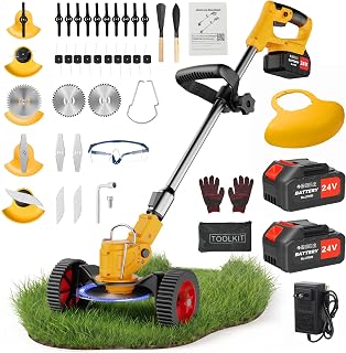 24V Cordless Weed Wacker, 2 x 4.0Ah Battery Powered Weed Eater with Wheel | 3 in 1 Stringless Weed Trimmer with 5 Types Blades, Electric Grass Trimmer/String Trimmer for Lawn Yard Garden Landscaping