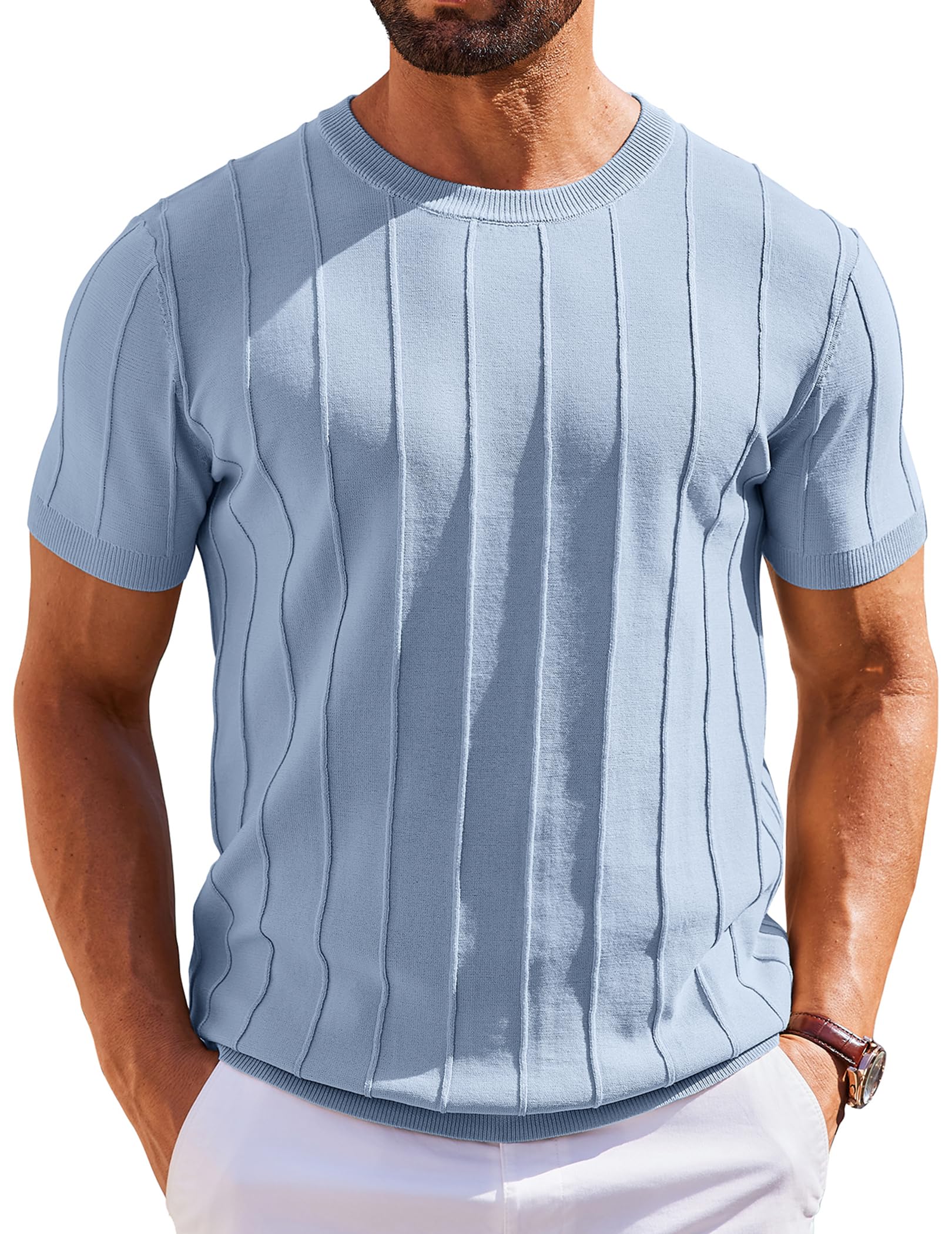 Coofandy Men's T-Shirts Short Sleeve Knit Sweater Shirt Casual Crew Neck Ribbed 