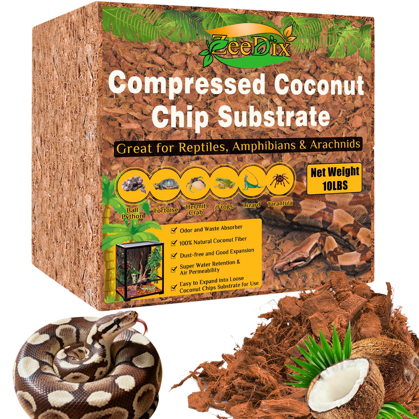 ZeeDix 10LBS Coconut Husk Chip Substrate for Reptiles, 72QT Coco Husk Chips | Or