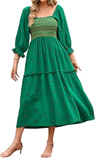 R.Vivimos Women's Long Sleeve Cotton Boho Midi Dress Vintage Square Neck Floral Embroidered Tiered Ruffle Flowy Pockets Dress