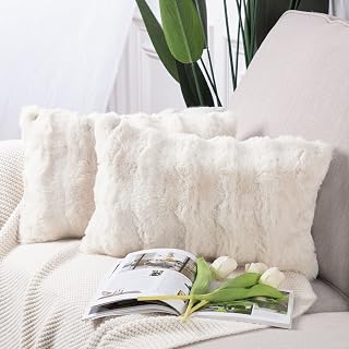 Madizz Set of 2 Soft Plush Short Wool Velvet Decorative Cushion Covers Luxury Style Cushion Cover for Sofa for Bedroom Cream White 30 x 50 cm