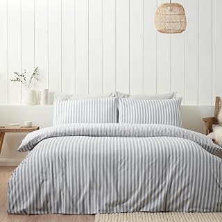 Catherine Lansfield Brushed Cotton Stripe Reversible King Duvet Cover Set with Pillowcases Silver Grey