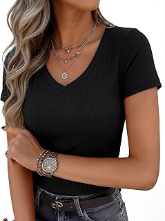 Camisetas para mujer con cuello en V para mujer, ajustadas, de punto acanalado, básicas, de moda, informales, de verano, manga corta, uso diario